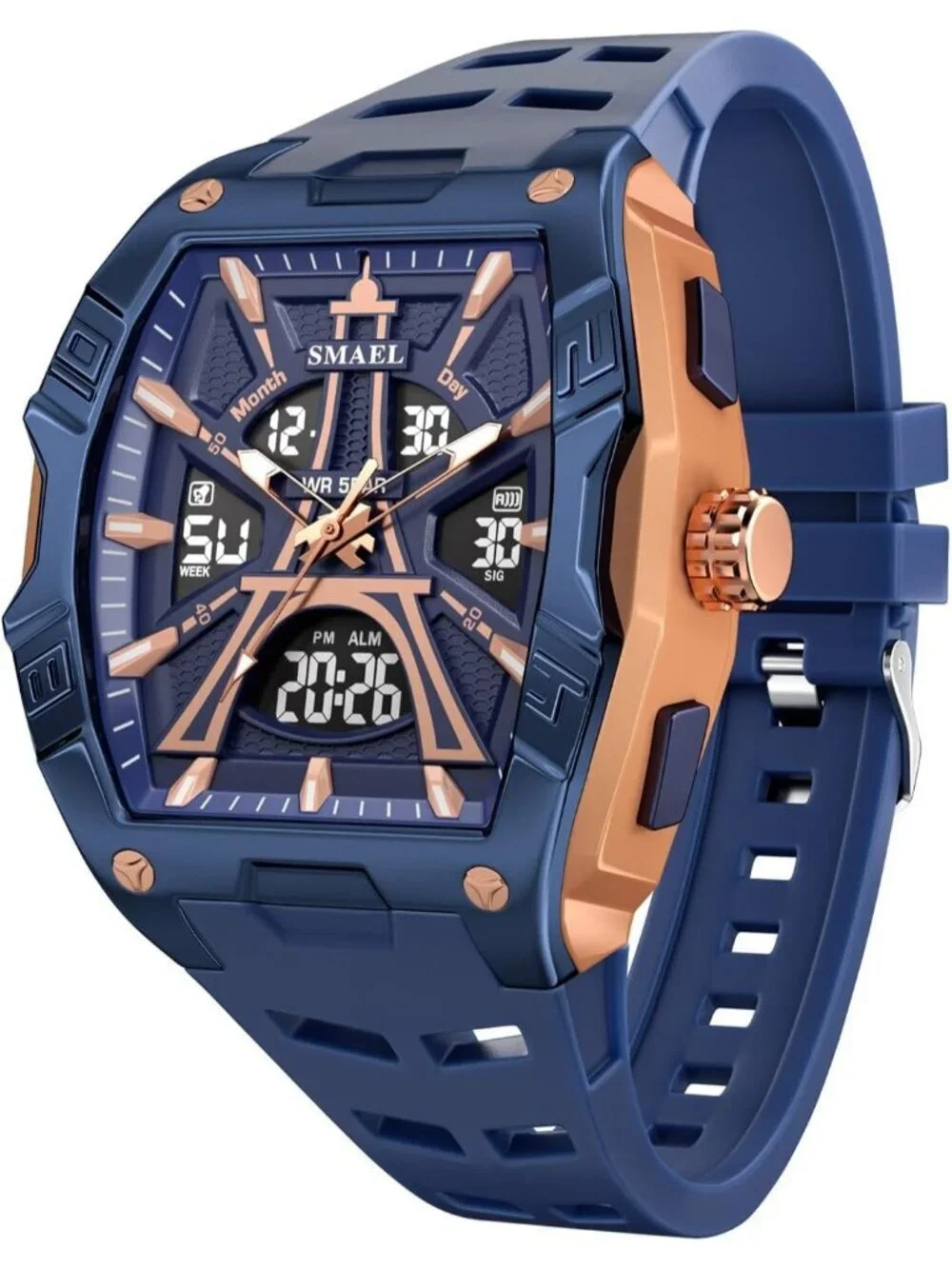 Men's Blue Analog Quartz Waterproof Sports Classic Square LED Digital Watch